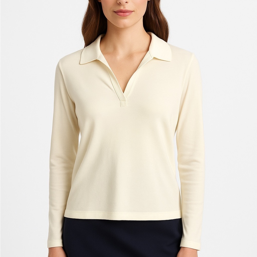 Lord & Taylor Cream Pima Cotton Collared Long Sleeve Top Size L